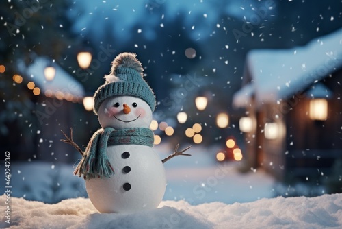 Happy Snowman as a symbol of Christmas and New Year holidays in the beautiful light of evening lights. Background © top images