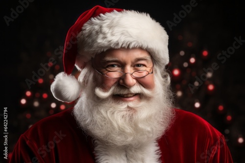 Cheerful Santa Claus with Red Hat and Eyeglasses Celebrating Christmas Tradition. Happy new year concept