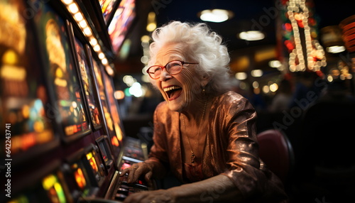 Excited old woman just won the jackpot on the casino  photo