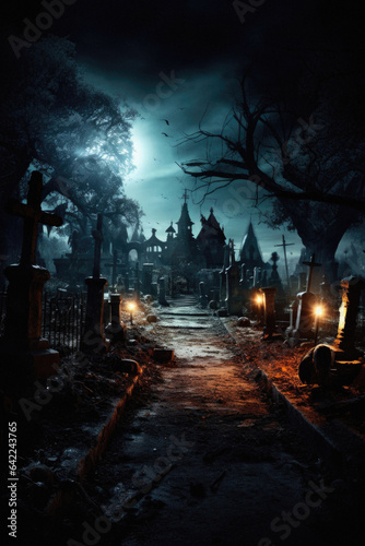 Happy Halloween background spooky scene, creepy dark night jack o lantern pumpkins and spooky graves on graveyard ghosts horror gothic evil cemetery landscape. Mysterious night moonlight backdrop.