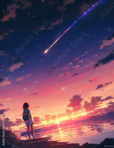 Captivating Back View of a Serene Sunset over the Majestic Sea with a Shooting Star in the Sky