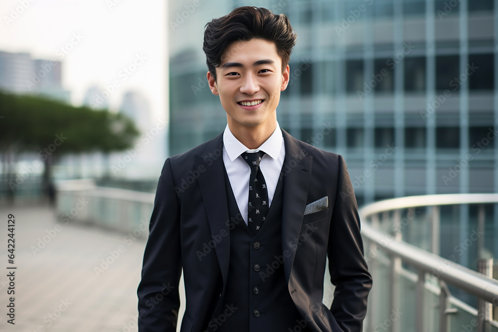 An Asian gentleman with a handsome and intelligent appearance dons a formal suit, showcasing his smart demeanor both in outdoor and indoor settings. Generative AI. An Asian gentleman with a handsome and intelligent appearance dons a formal suit, showcasing his smart demeanor both in outdoor and indoor settings. Generative AI.