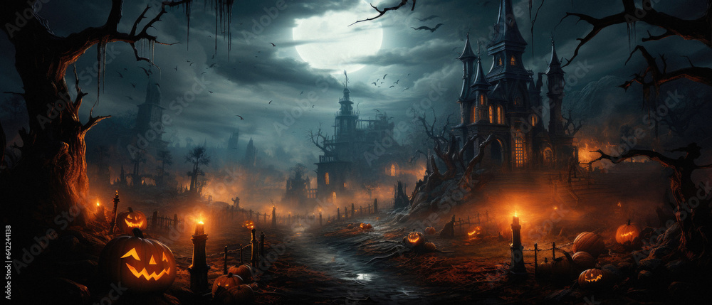 Happy Halloween background spooky scene, creepy dark night jack o lantern pumpkins and spooky graves on graveyard ghosts horror gothic evil cemetery landscape. Mysterious night moonlight backdrop.
