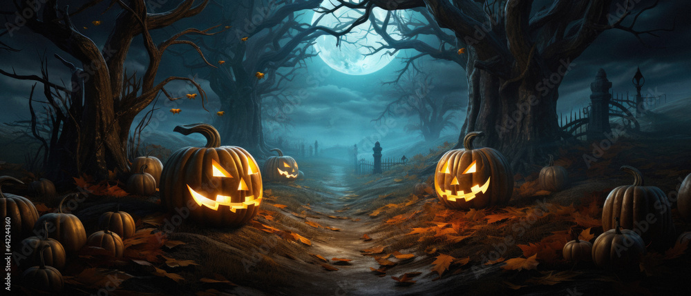 Halloween spooky background, scary jack o lantern pumpkins in creepy dark forest with bats, spooky trees and moon, Happy Haloween ghosts horror gothic mysterious night moonlight backdrop.