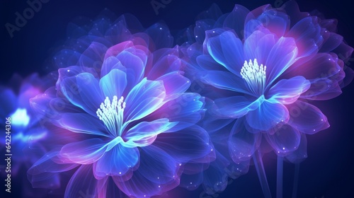 A cyber hologram background featuring a digital futuristic flower wallpaper adorned with neon light glow blossom wireframe. Background