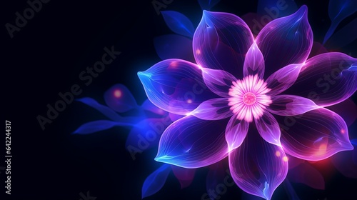A cyber hologram background featuring a digital futuristic flower wallpaper adorned with neon light glow blossom wireframe