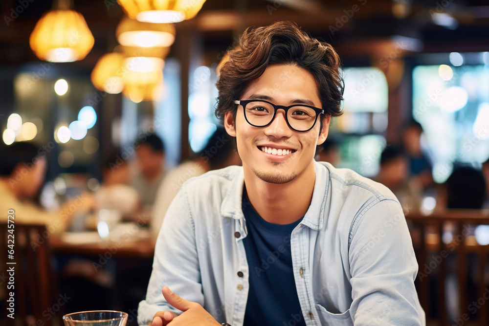 Handsome man with a happy face sitting and smiling with a confident smile showing teeth. Portrait of young man smiling. Young Asian man sitting at coffee shop. Generative AI. Handsome man with a happy face sitting and smiling with a confident smile showing teeth. Portrait of young man smiling. Young Asian man sitting at coffee shop. Generative AI.