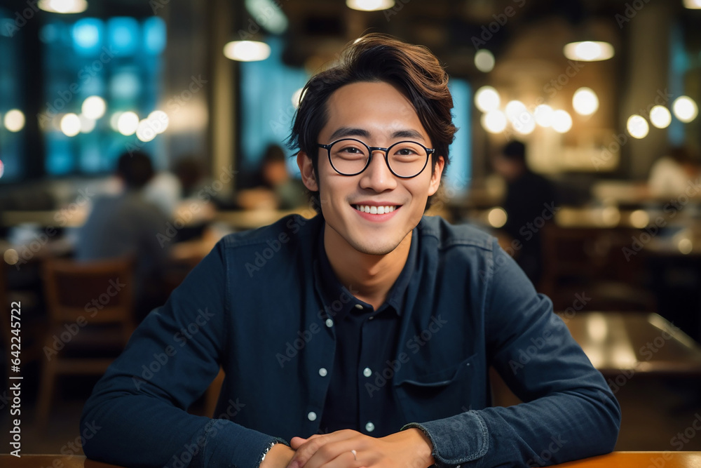 Handsome man with a happy face sitting and smiling with a confident smile showing teeth. Portrait of young man smiling. Young Asian man sitting at coffee shop. Generative AI. Handsome man with a happy face sitting and smiling with a confident smile showing teeth. Portrait of young man smiling. Young Asian man sitting at coffee shop. Generative AI.