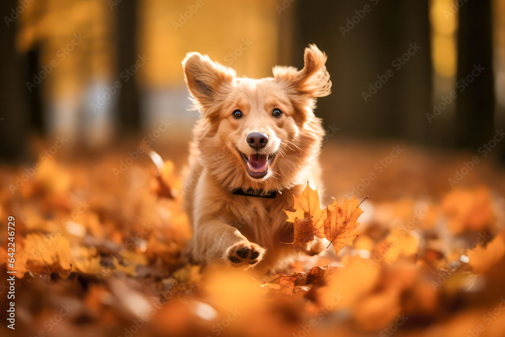 Golden retriever running outdoors in autumn season