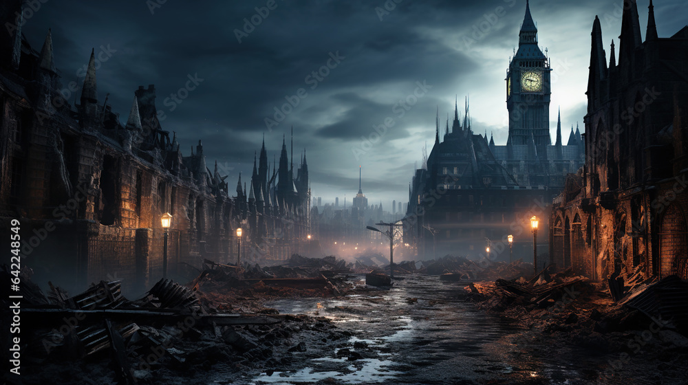 Post Apocalyptic Britain Scnery of post apocalypse in destroyed London, apocalyptic fantasy view ...