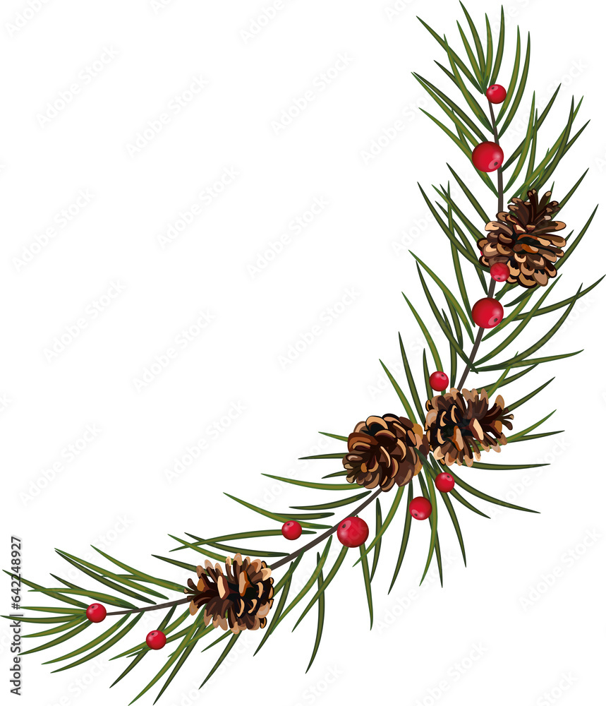 Christmas garland of tree branches, berries,  and christmas balls. Realistic looking Christmas decor on transparent, png, - obrazy, fototapety, plakaty 