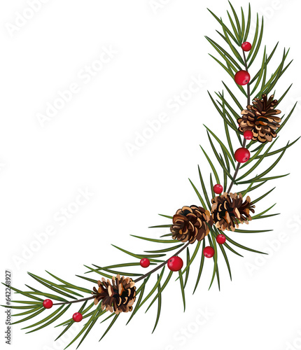 Christmas garland of tree branches, berries,  and christmas balls. Realistic looking Christmas decor on transparent, png, photo