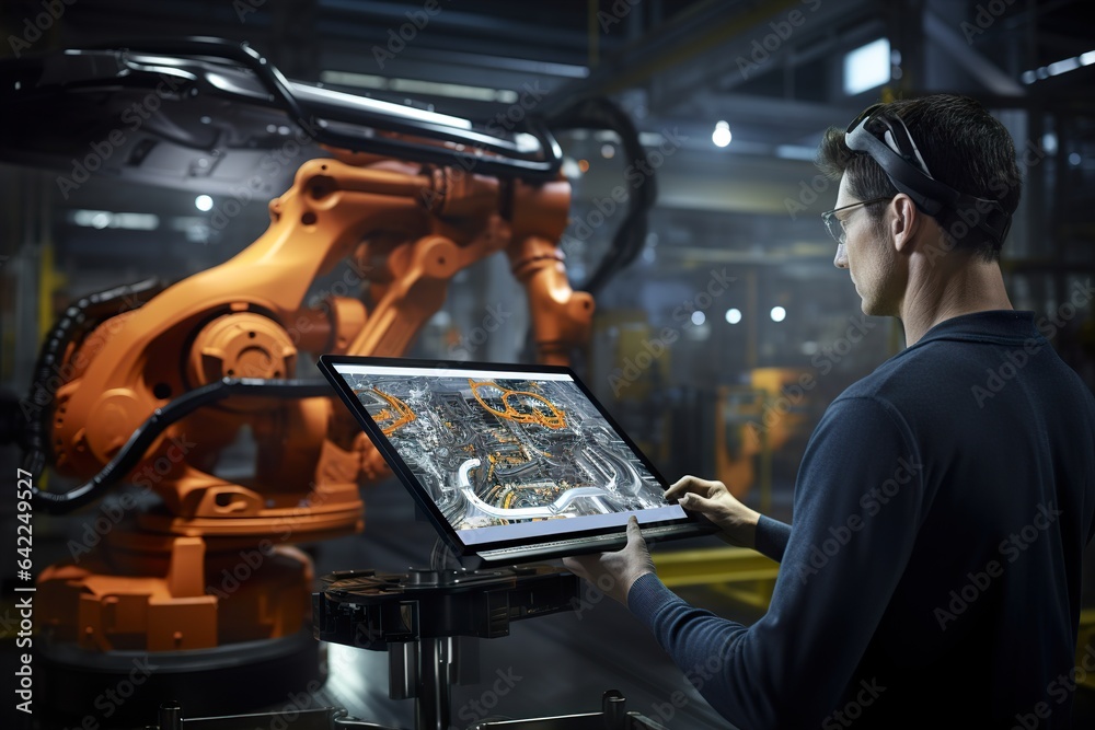 A person using a tablet to control car factory conveer A person using a tablet to control car factory conveer