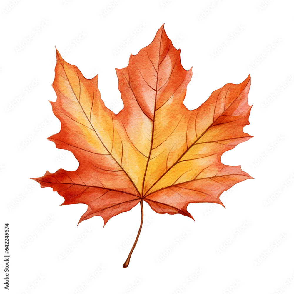 Fall maple leaf isolated on white background. Watercolor illustration created with Generative Ai technology Fall maple leaf isolated on white background. Watercolor illustration created with Generative Ai technology