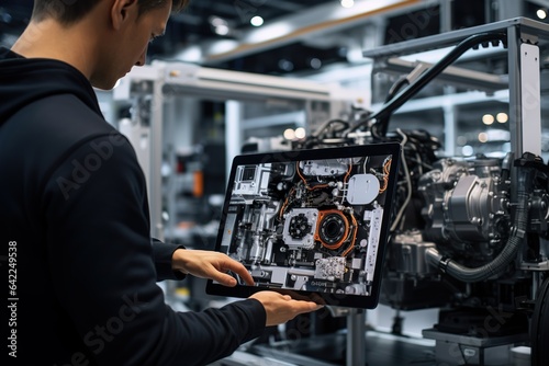 A person using a tablet to control car factory conveer