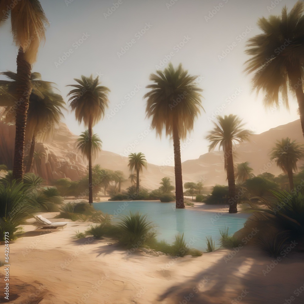 A virtual oasis amidst a desert of code, with pixelated palm trees and data-driven water1