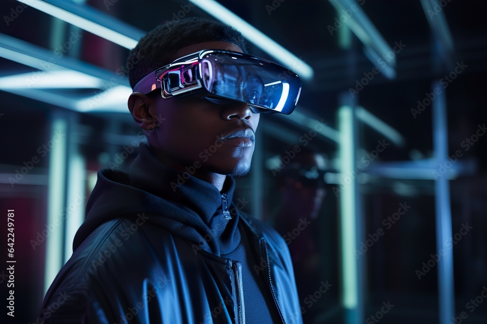 African american man with VR virtual reality goggles in urban city streets African american man with VR virtual reality goggles in urban city streets
