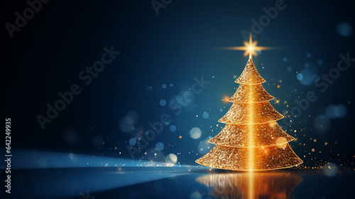 Golden Christmas Tree In Abstract Night, blue background