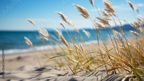 Beach grass on a sandy beach with the blue water in the background. Generative AI. 