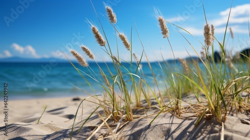 Beach grass on a sandy beach with the blue water in the background. Generative AI. 