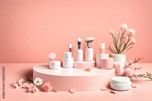 Top view of a minimalist flat lay backdrop with a white round podium pedestal and an empty mockup of a cosmetic and beauty goods presentation