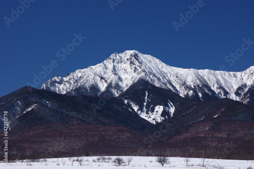 野辺山高原の雪原から望む白銀の赤岳