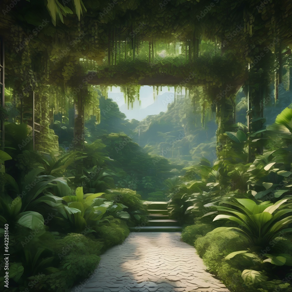 A pixelated jungle where the foliage is made of intricate binary ...