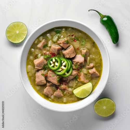 Spicy Pork Chili Verde on a white bowl, zoom photography view from the top a latin american foods