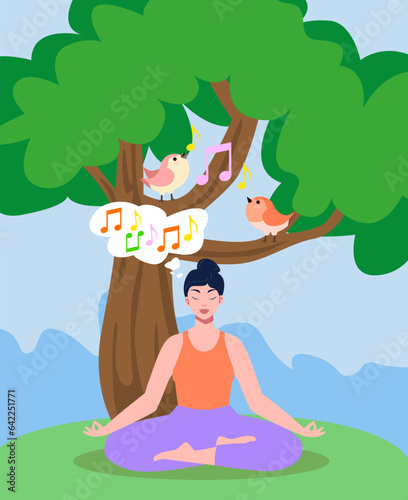 Woman in meditation pose near tree, she enjoying birds chirping, practice mindfulness. Vector illustration