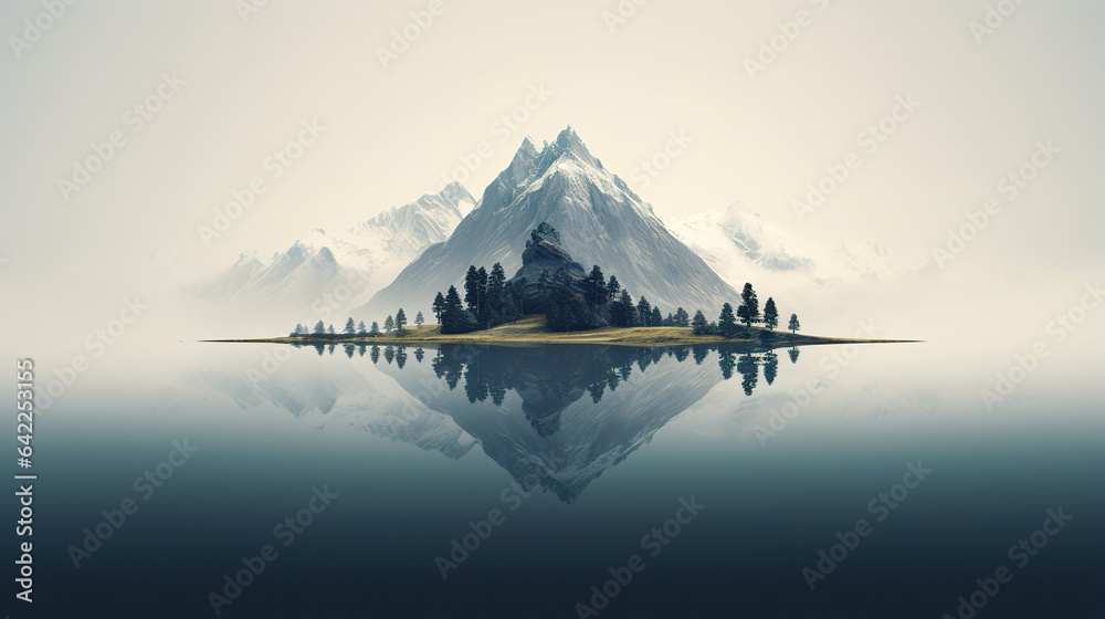 A minimalist landscape with a scenic a island with mountain and trees