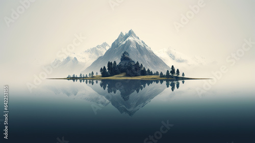 A minimalist landscape with a scenic a island with mountain and trees