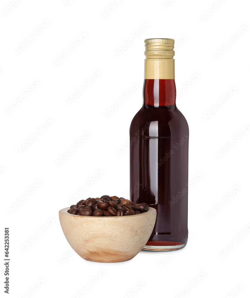 Bottle of delicious syrup for coffee and beans isolated on white