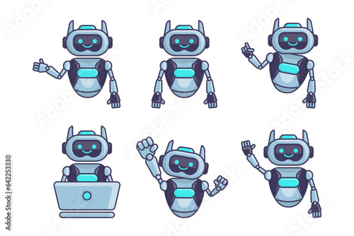 Robot mascot character vector illustration. Robot cartoon pose set design collections