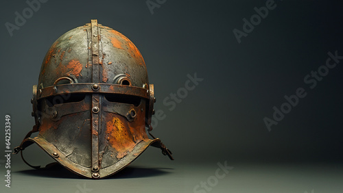 Rusty medieval knight helmet on black background with copy space for text