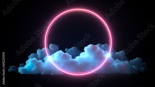 Neon light blank circle on clouds, black background with copyspace for text