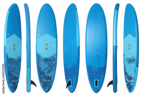 Photography Collage with SUP board with paddle isolated on white, different sides