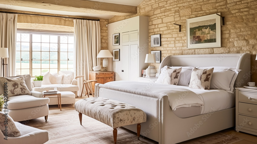 Fototapeta premium Cottage bedroom decor, interior design and holiday rental, bed with elegant bedding linen and antique furniture, English country house and farmhouse style