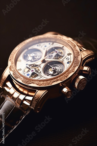 Luxury mens watch commercial concept, bespoke gold design on dark background, holiday gift