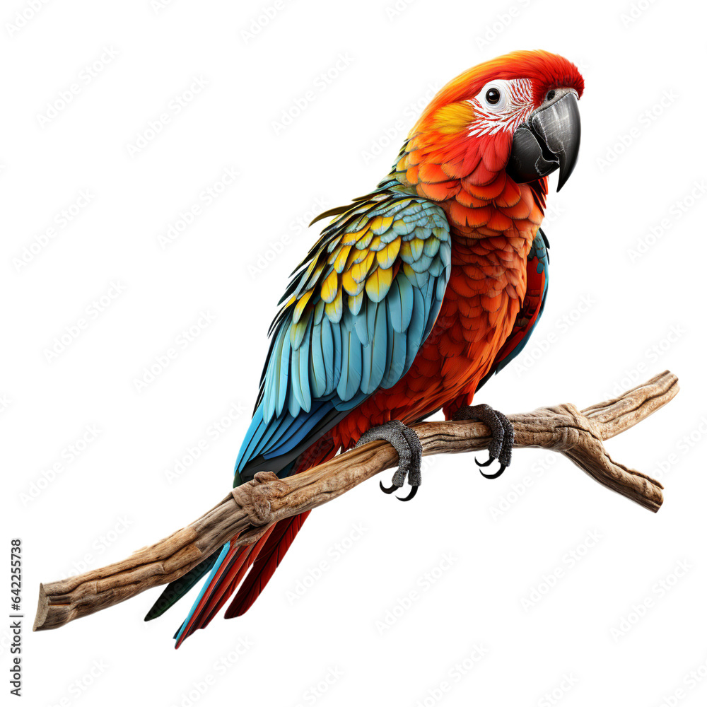 isolated real parrot on branch; transparent, 