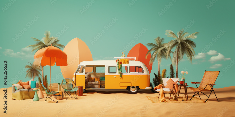 summer scene with camper-van