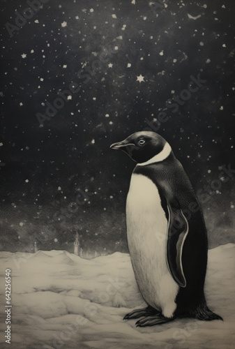 Digital drawing in charcoal style of a penguin in a winter landscape.