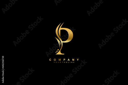 Luxury gold P logo design with feather. premium P letter monogram logo. suitable for business logos, beauty logos, company logos, boutiques, spas, salons, etc