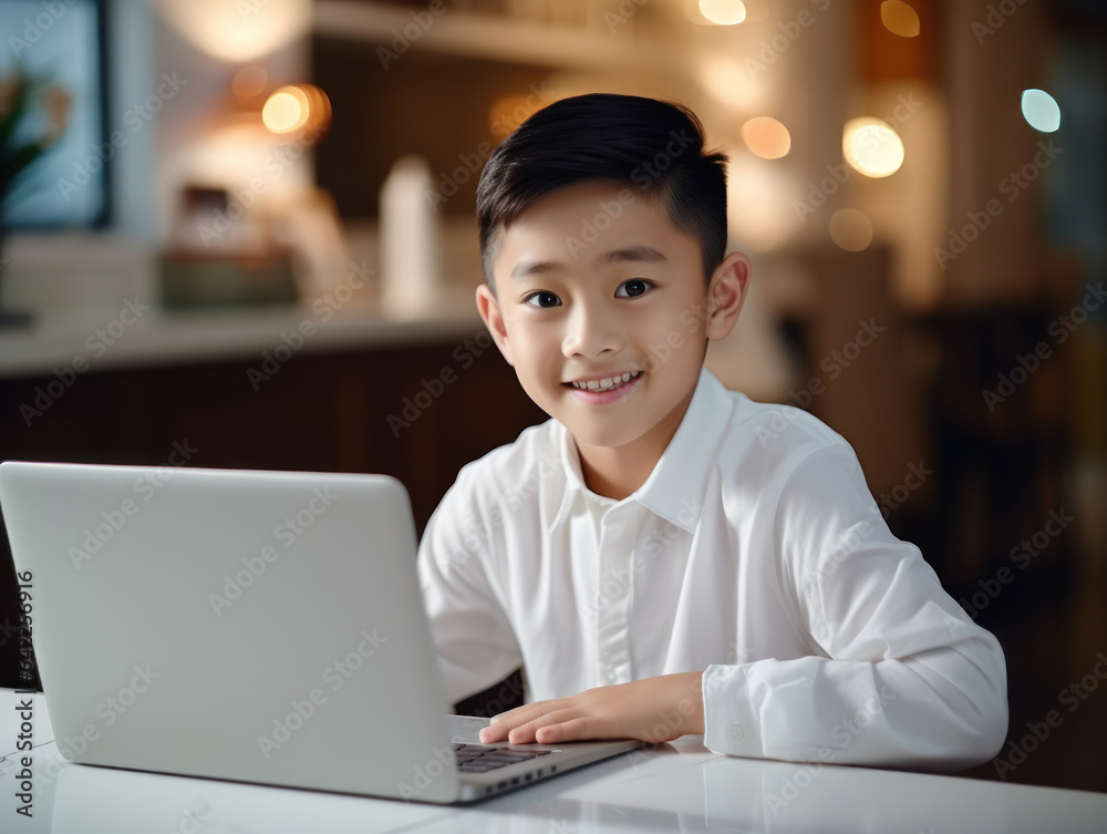 Smiling little asian boy studying in front of laptop, online school concept, study from home Smiling little asian boy studying in front of laptop, online school concept, study from home