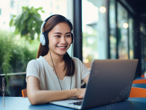 Asian female office worker wearing headphones in front of laptop working and making video call