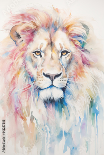 Watercolor drawing, portrait of a of a male lion. Animal illustration © britaseifert