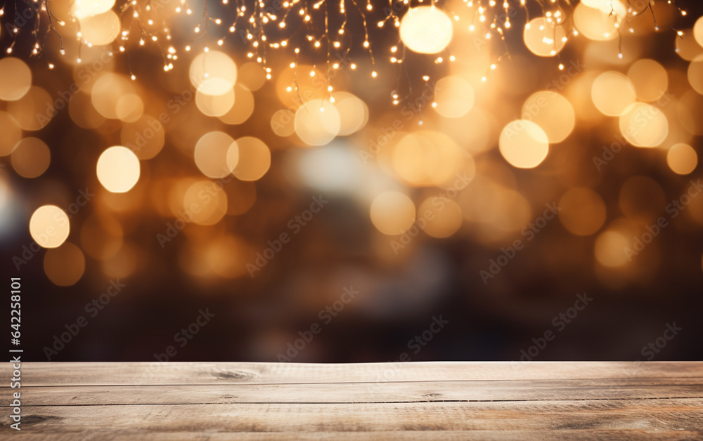 The empty wooden table top with blur bokeh background