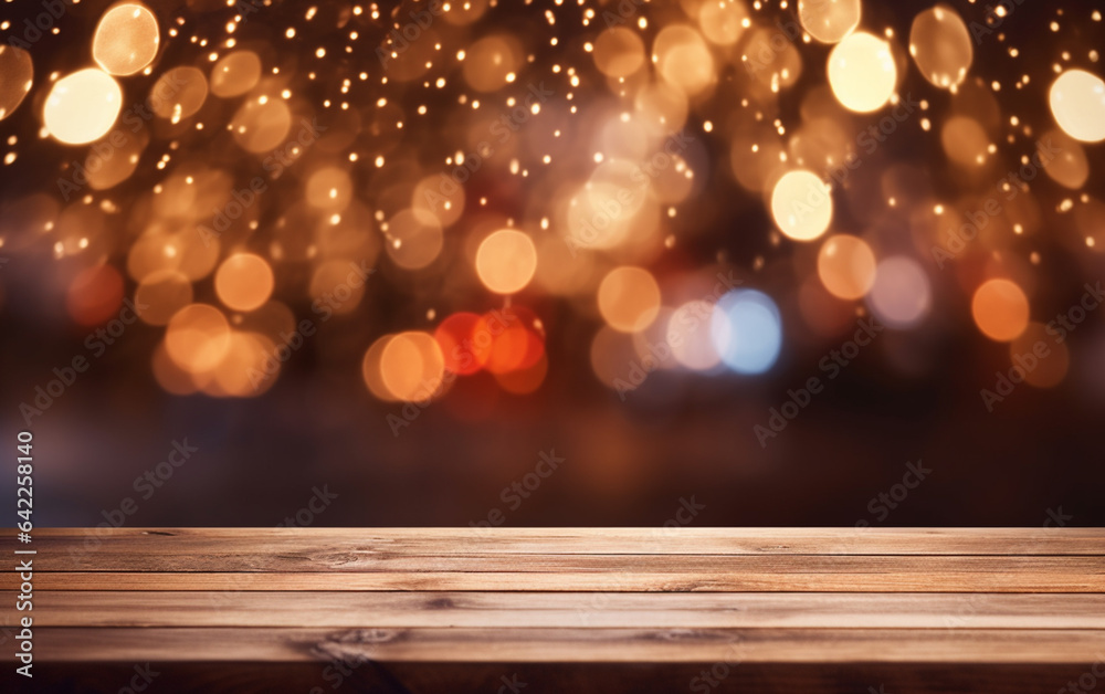 The empty wooden table top with blur bokeh background The empty wooden table top with blur bokeh background