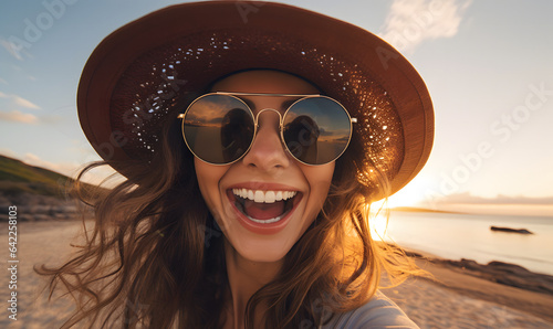 Beachside Selfie: Woman in Glasses and Hat Capturing Lively Moments in Eye-Catching, Rounded Style