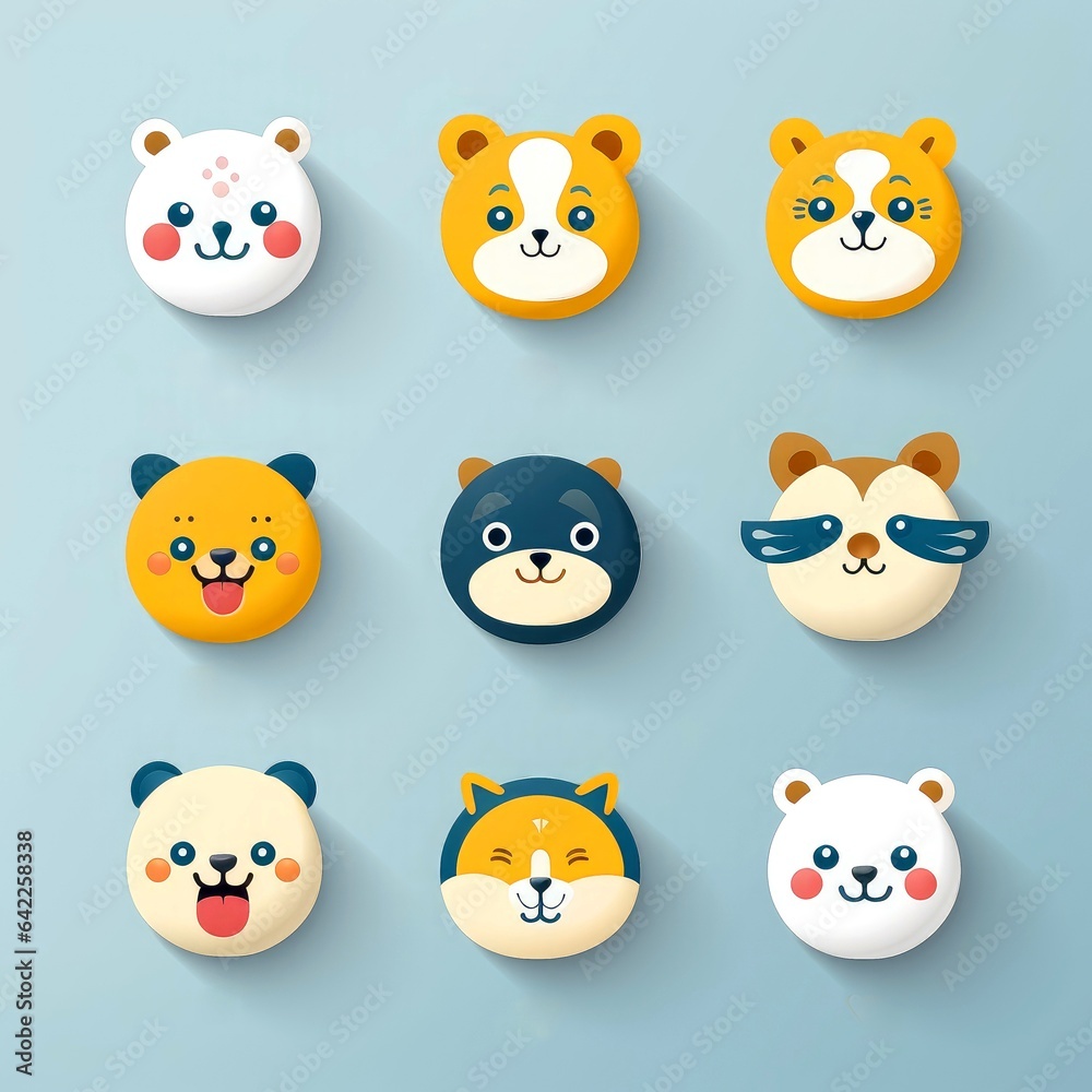 Set of animal faces, face emojis, stickers, emoticons,cartoon funny mascot characters face set, Generative AI illustration Set of animal faces, face emojis, stickers, emoticons,cartoon funny mascot characters face set, Generative AI illustration