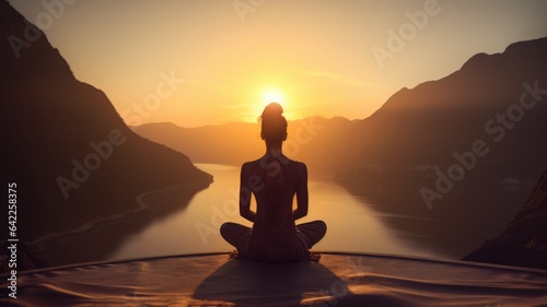 Woman Backlit in Yoga Pose in calm sunrise Zen. Generative AI image weber. © Summit Art Creations
